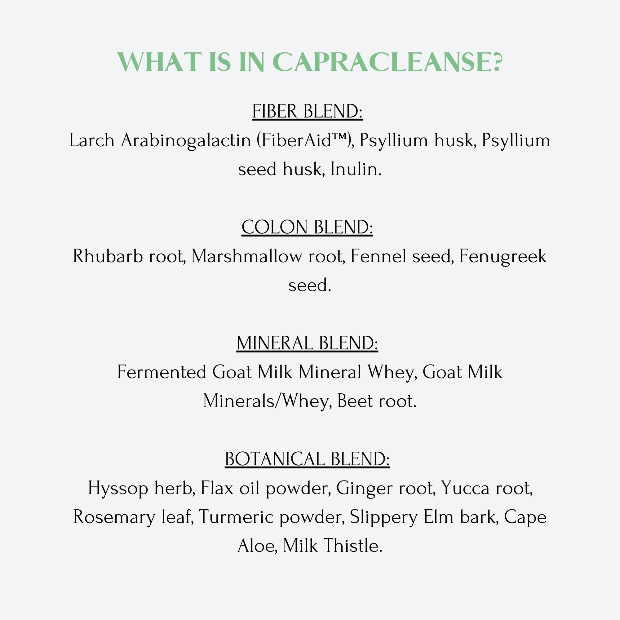 CapraCleanse fiber blend close-up with psyllium and flax imagery for bowel health.