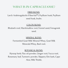CapraCleanse fiber blend close-up with psyllium and flax imagery for bowel health.