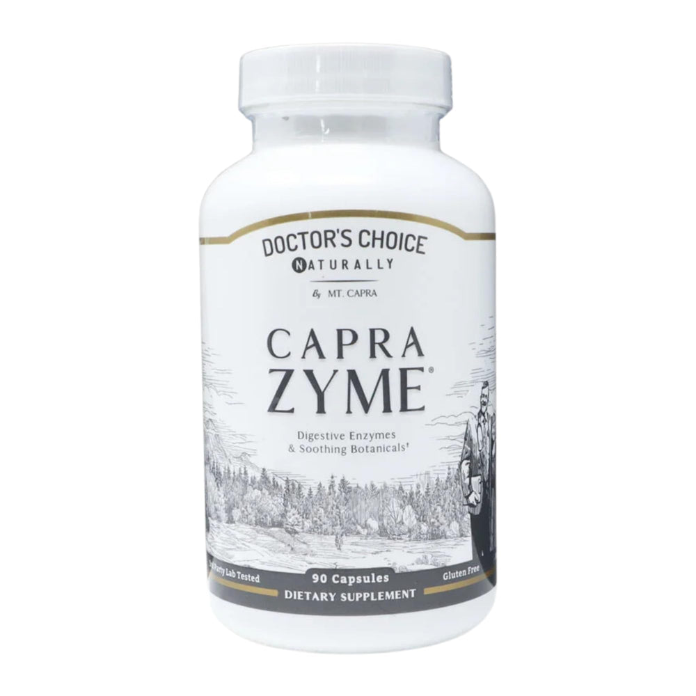 CapraZyme by Mt Capra bottle shows vegetarian digestive support for daily meals.