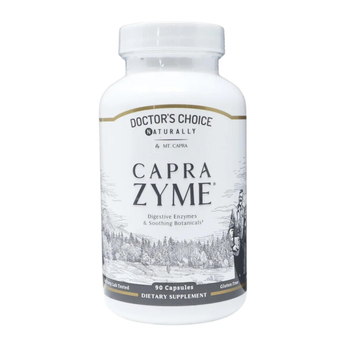 CapraZyme by Mt Capra bottle shows vegetarian digestive support for daily meals.