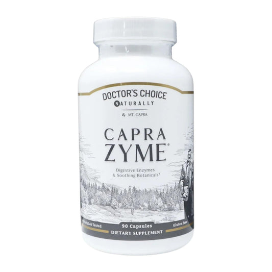 CapraZyme by Mt Capra bottle shows vegetarian digestive support for daily meals.