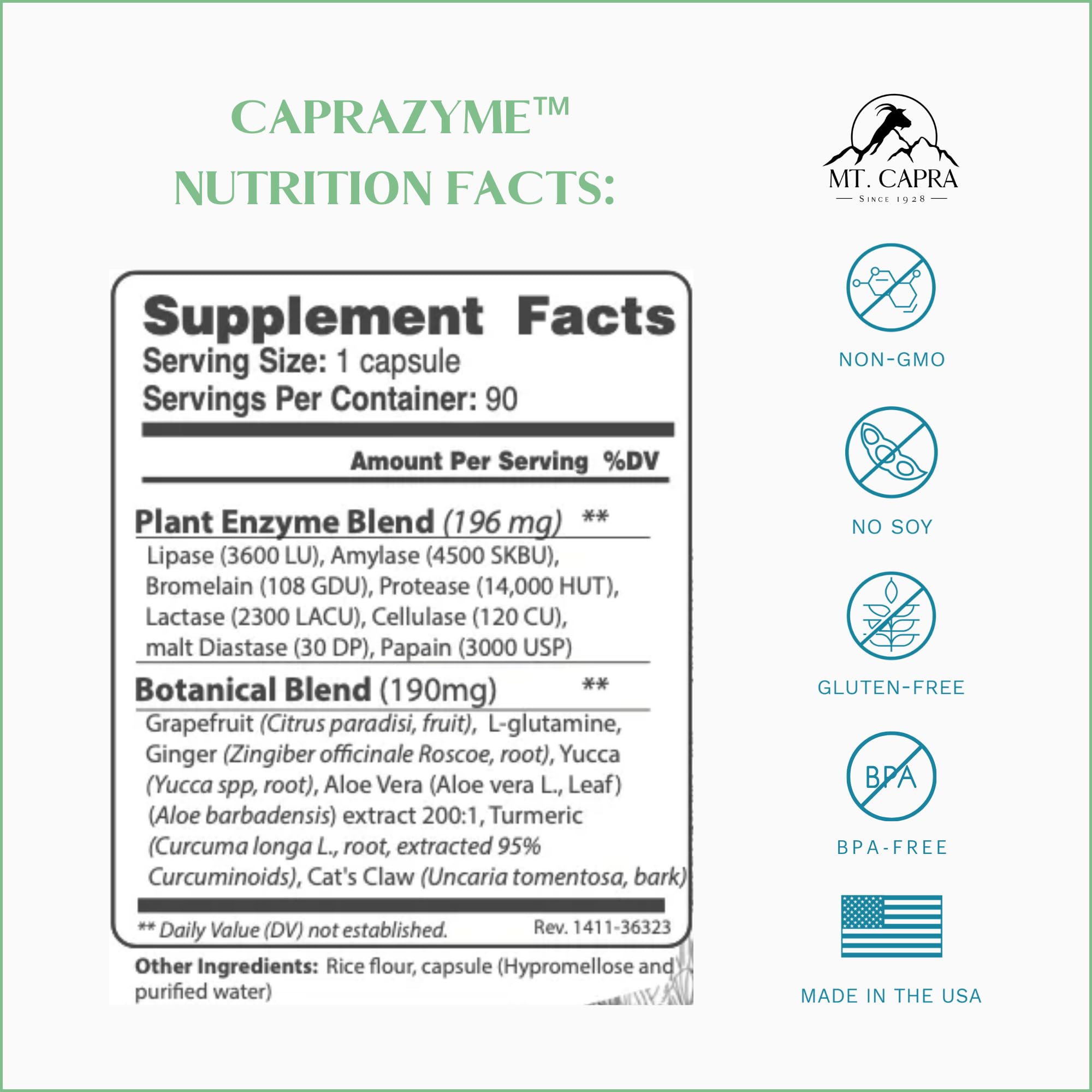 CapraZyme capsules provide broad-spectrum enzymes for fats, carbs, and proteins after meals.