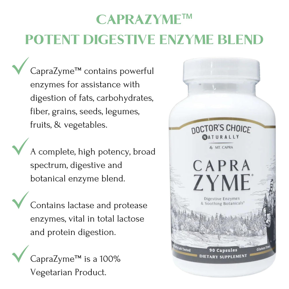 CapraZyme label closeup highlights vegetarian enzyme blend and botanical ingredients.