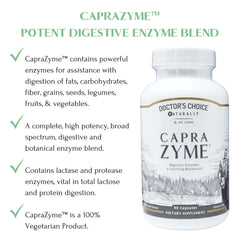 CapraZyme label closeup highlights vegetarian enzyme blend and botanical ingredients.