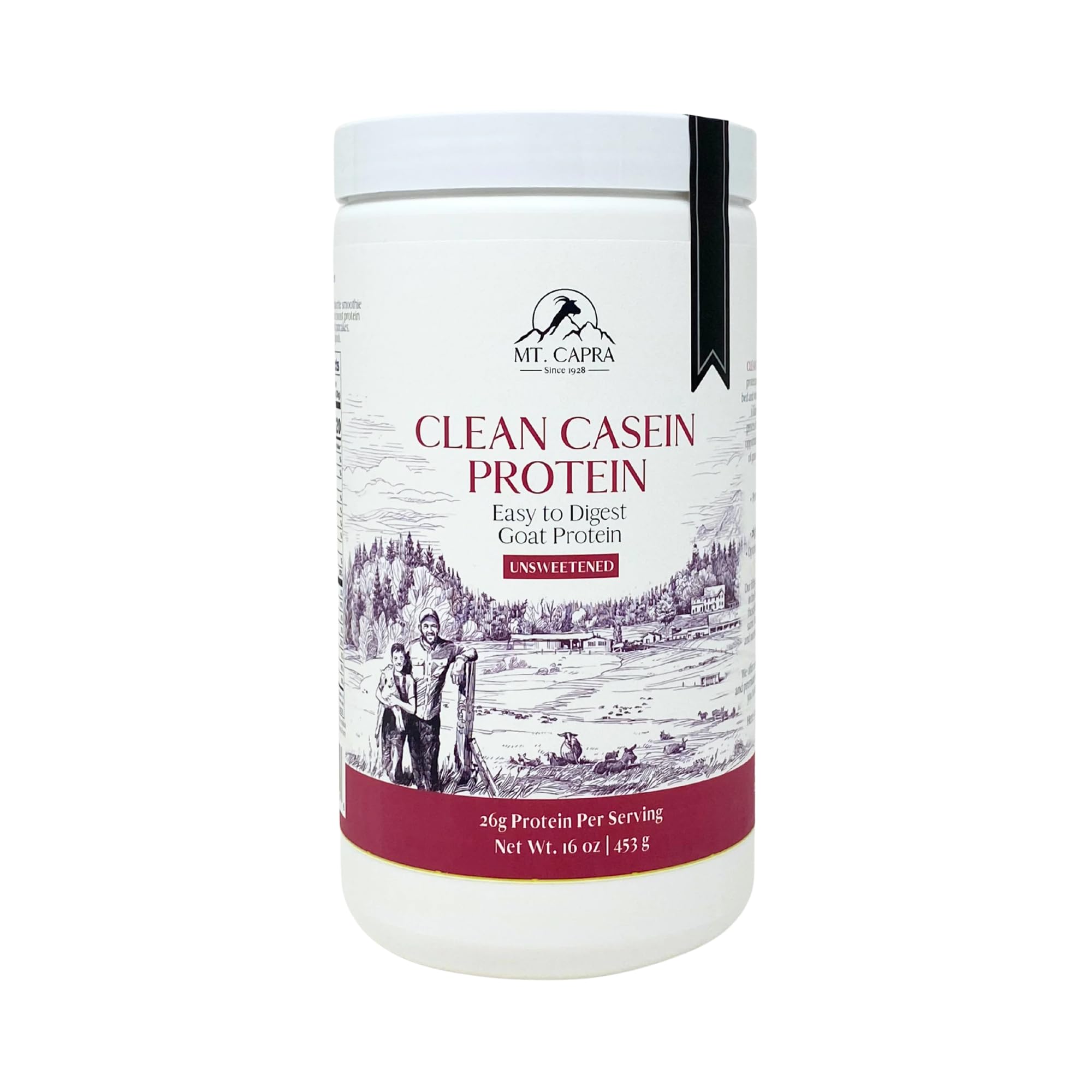 Mt. Capra Clean Casein bottle on kitchen counter for convenient, unsweetened protein routine