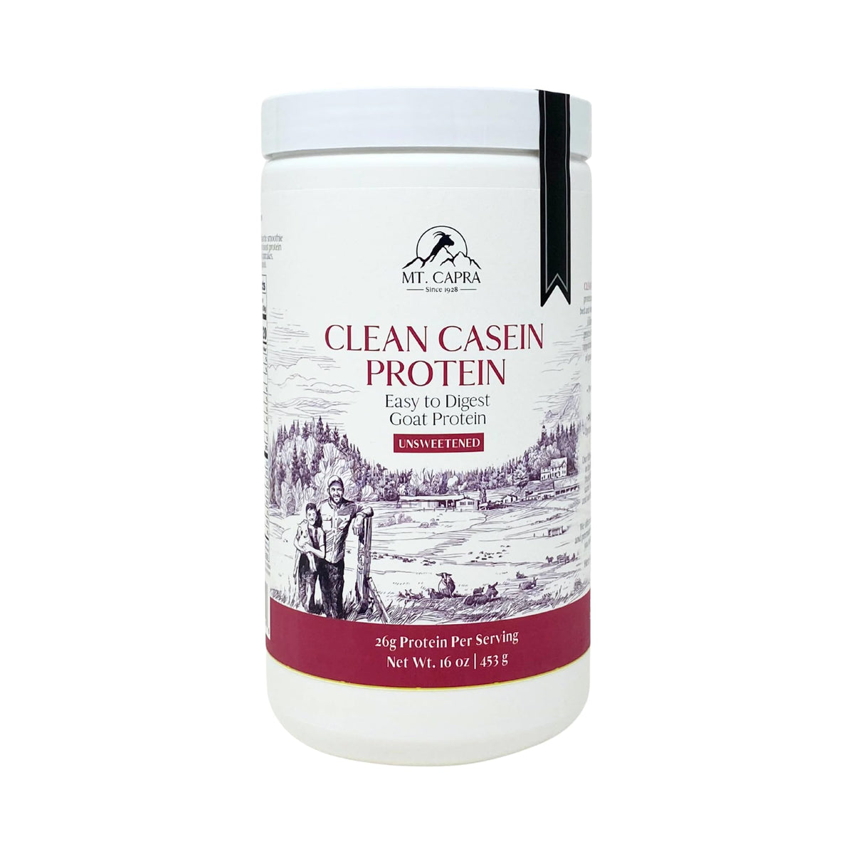 Mt. Capra Clean Casein bottle on kitchen counter for convenient, unsweetened protein routine