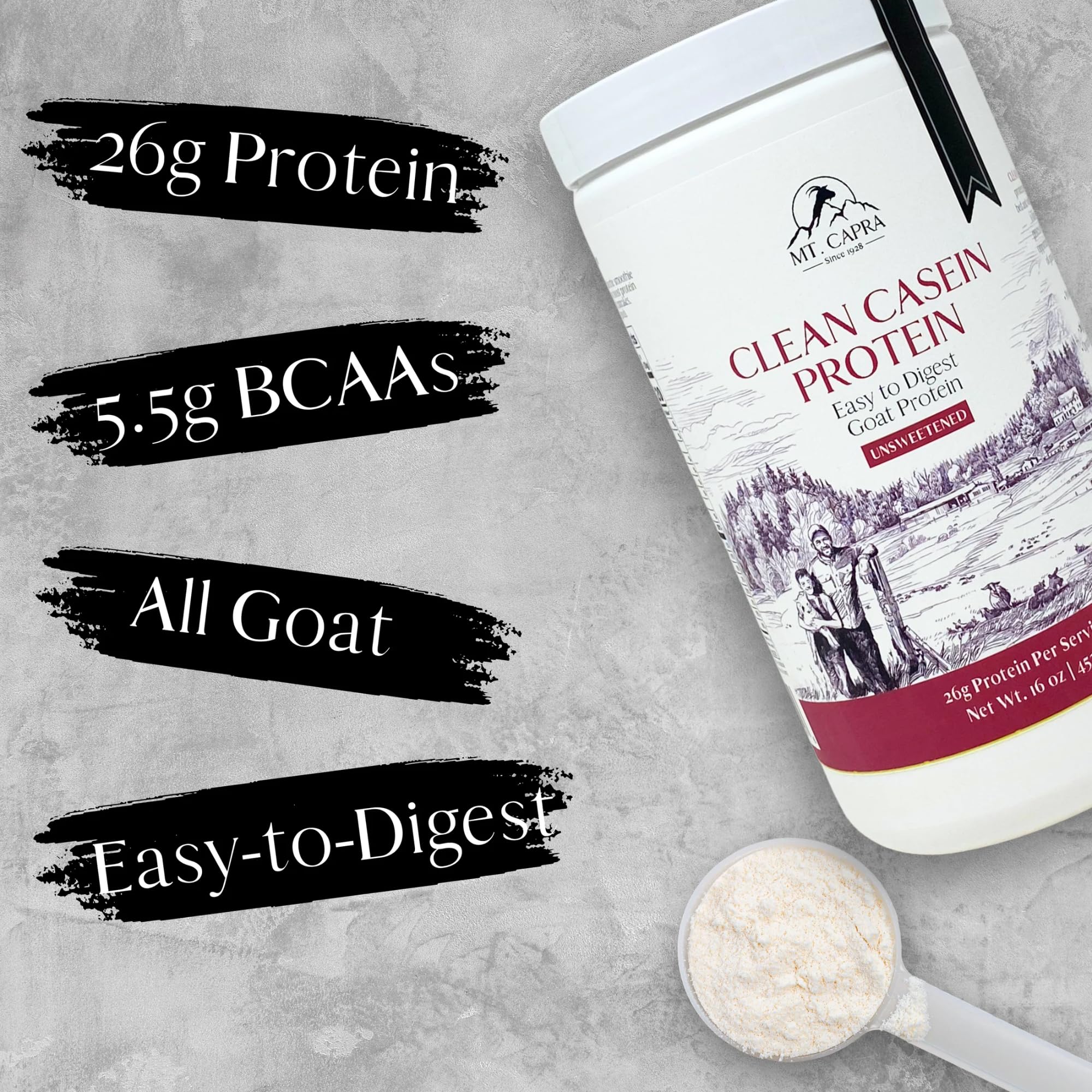 Mt. Capra Clean Casein scoop beside the jar for easy measuring