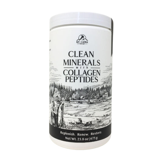 Mt. Capra Clean Minerals bottle close-up showing unflavored powder for daily protein and minerals