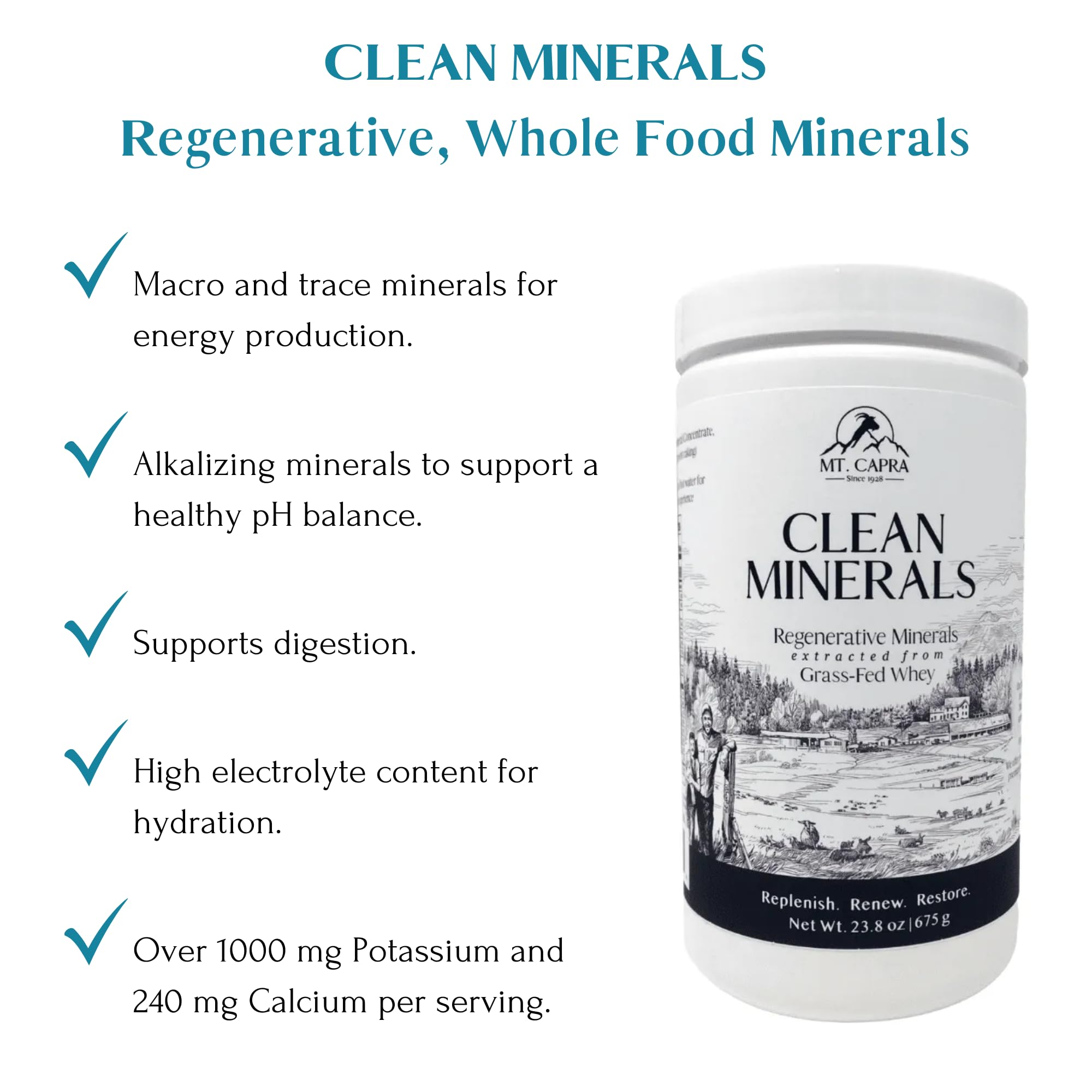 Scoop and glass ready to mix Mt Capra Clean Minerals with water for hydration