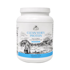 Mt. Capra Clean Whey bottle front shows grass-fed goat whey protein purity