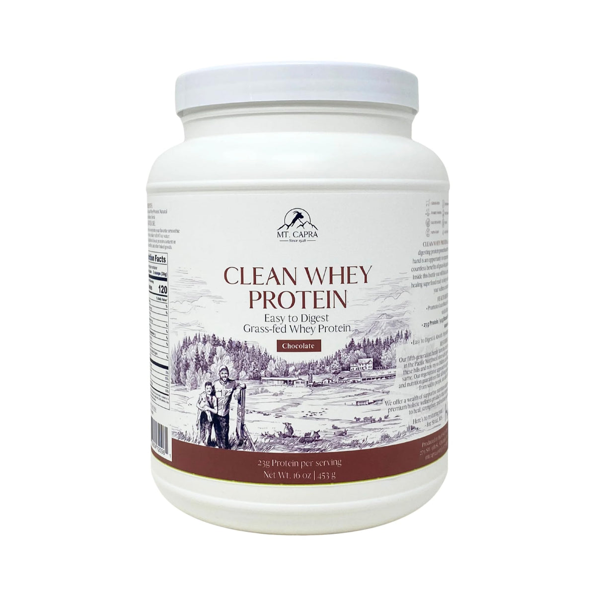 Mt Capra Clean Whey protein tub in chocolate flavor for high-protein shakes