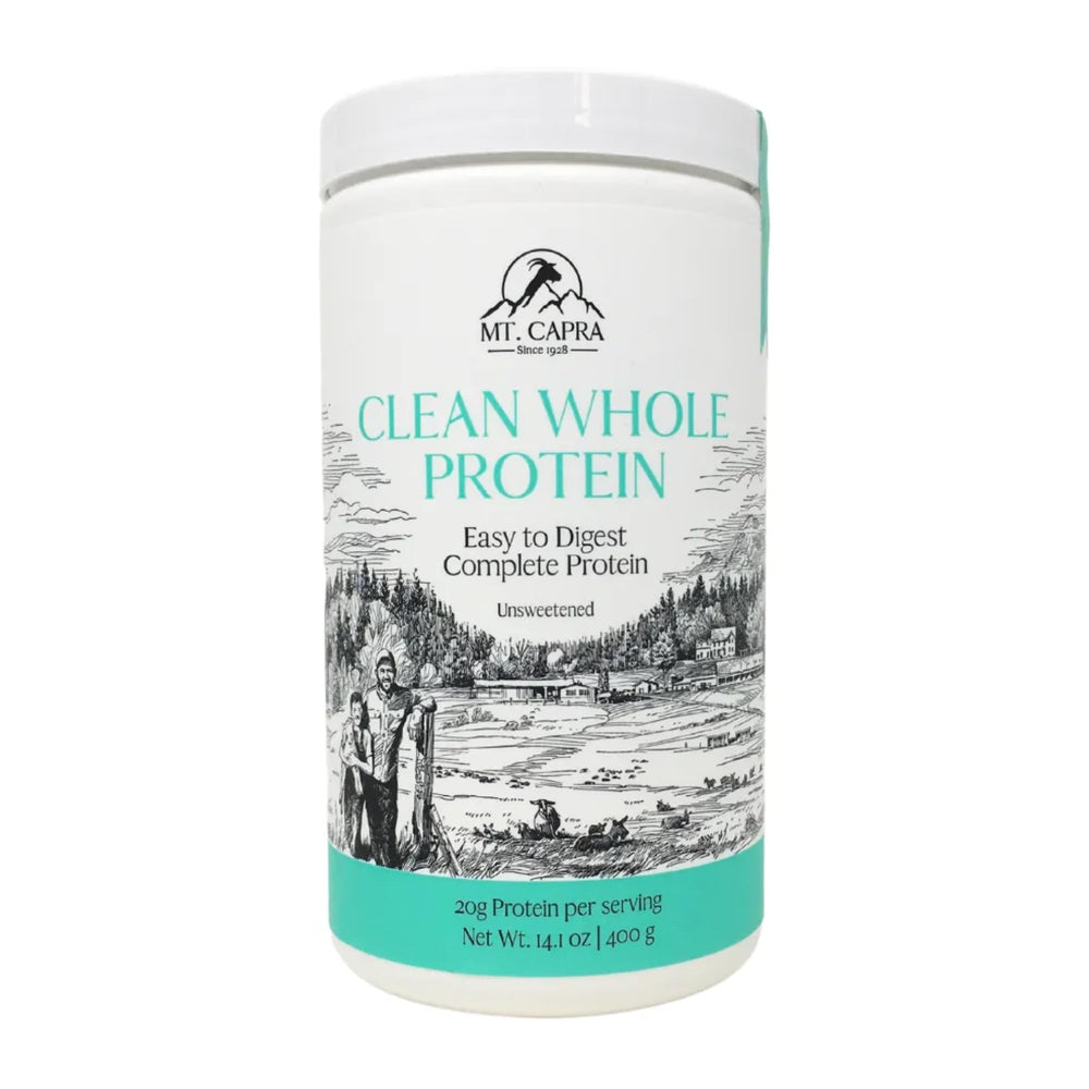 Mt Capra Clean Whole Protein bottle front shows a pure single-ingredient formula for muscle support.