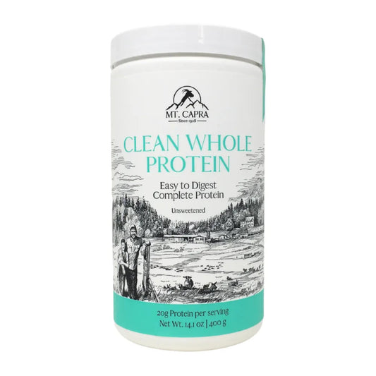 Mt Capra Clean Whole Protein bottle front shows a pure single-ingredient formula for muscle support.