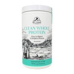 Mt Capra Clean Whole Protein bottle front shows a pure single-ingredient formula for muscle support.