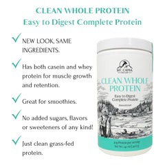 Mt Capra Clean Whole Protein ingredients label emphasizes no flavorings or GMOs.