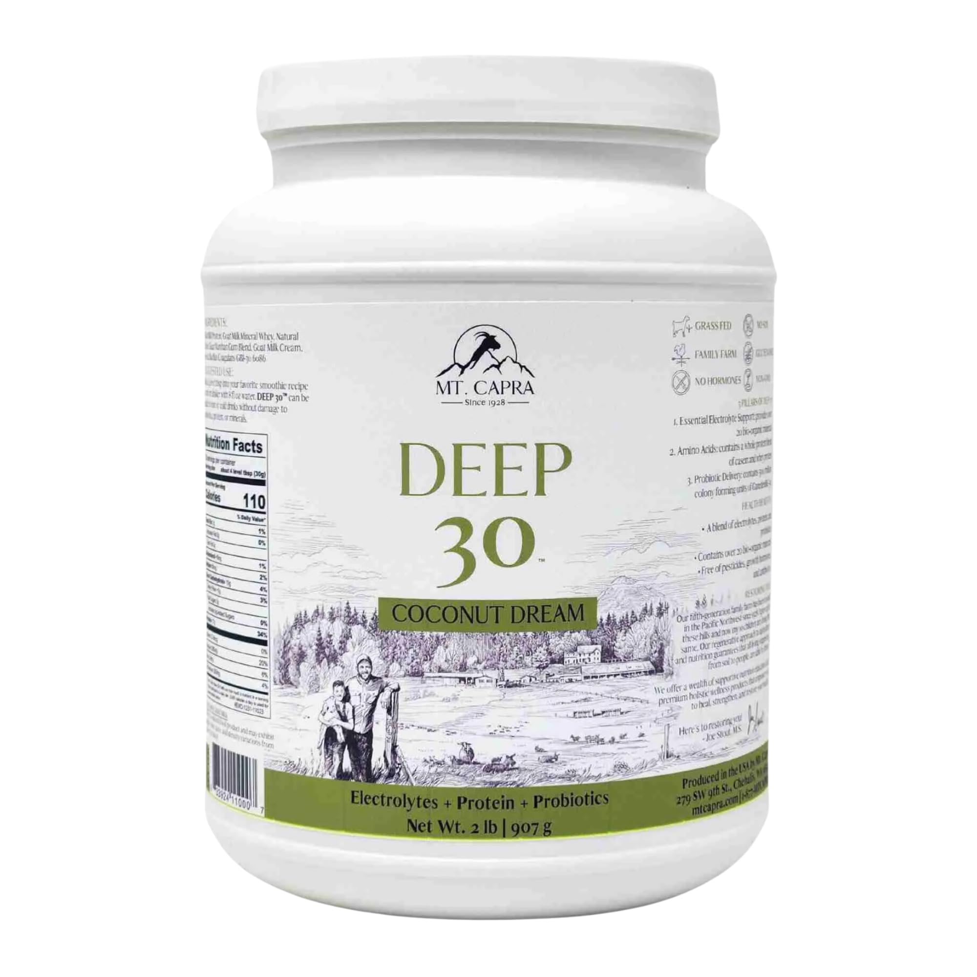 Mt Capra Deep 30 bottle and tub showing coconut dream flavor for daily nutrition.