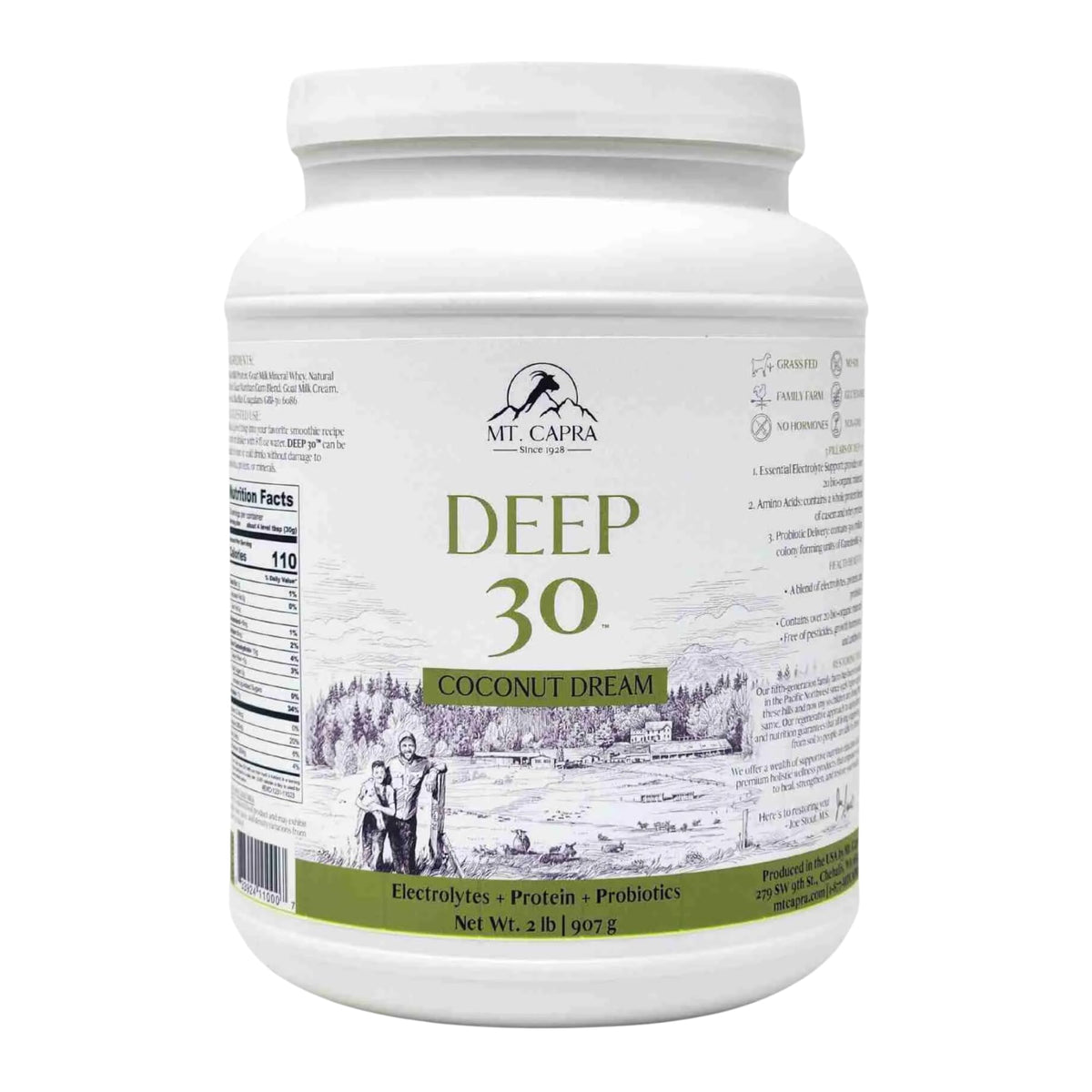 Mt Capra Deep 30 bottle and tub showing coconut dream flavor for daily nutrition.