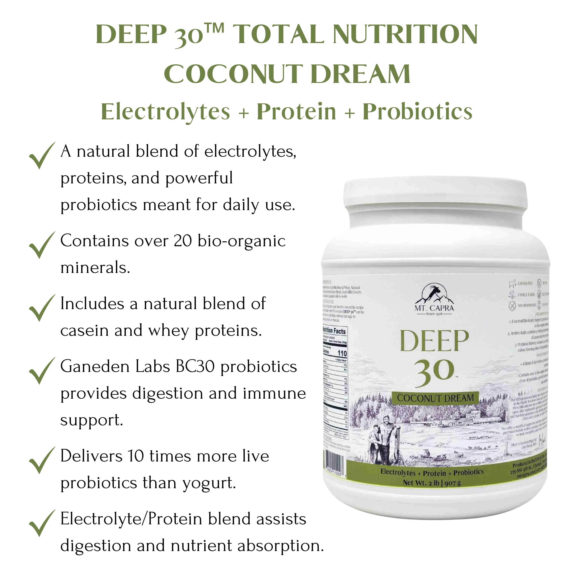 Mt Capra Deep 30 casein and whey proteins for steady amino release.