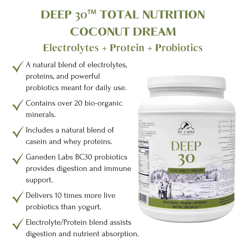Mt Capra Deep 30 casein and whey proteins for steady amino release.