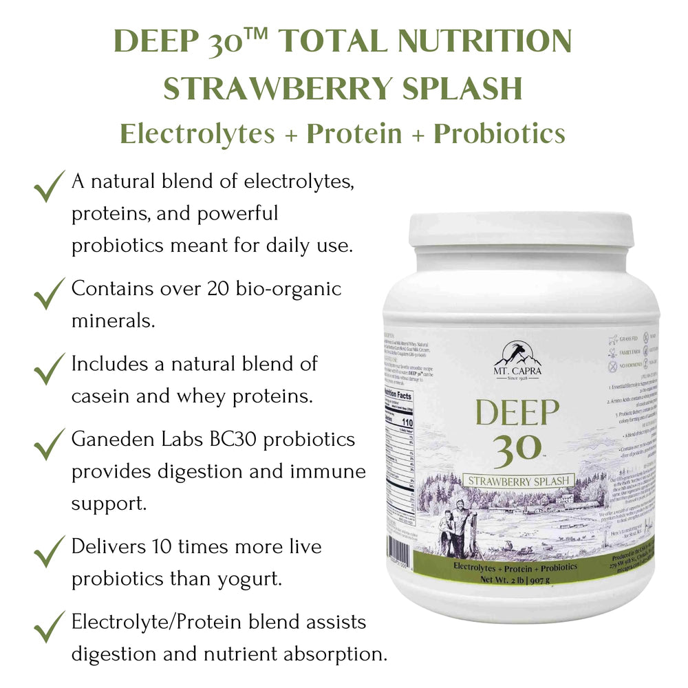 Mt. Capra Deep 30 grass-fed whey highlights clean protein and gentle digestion.