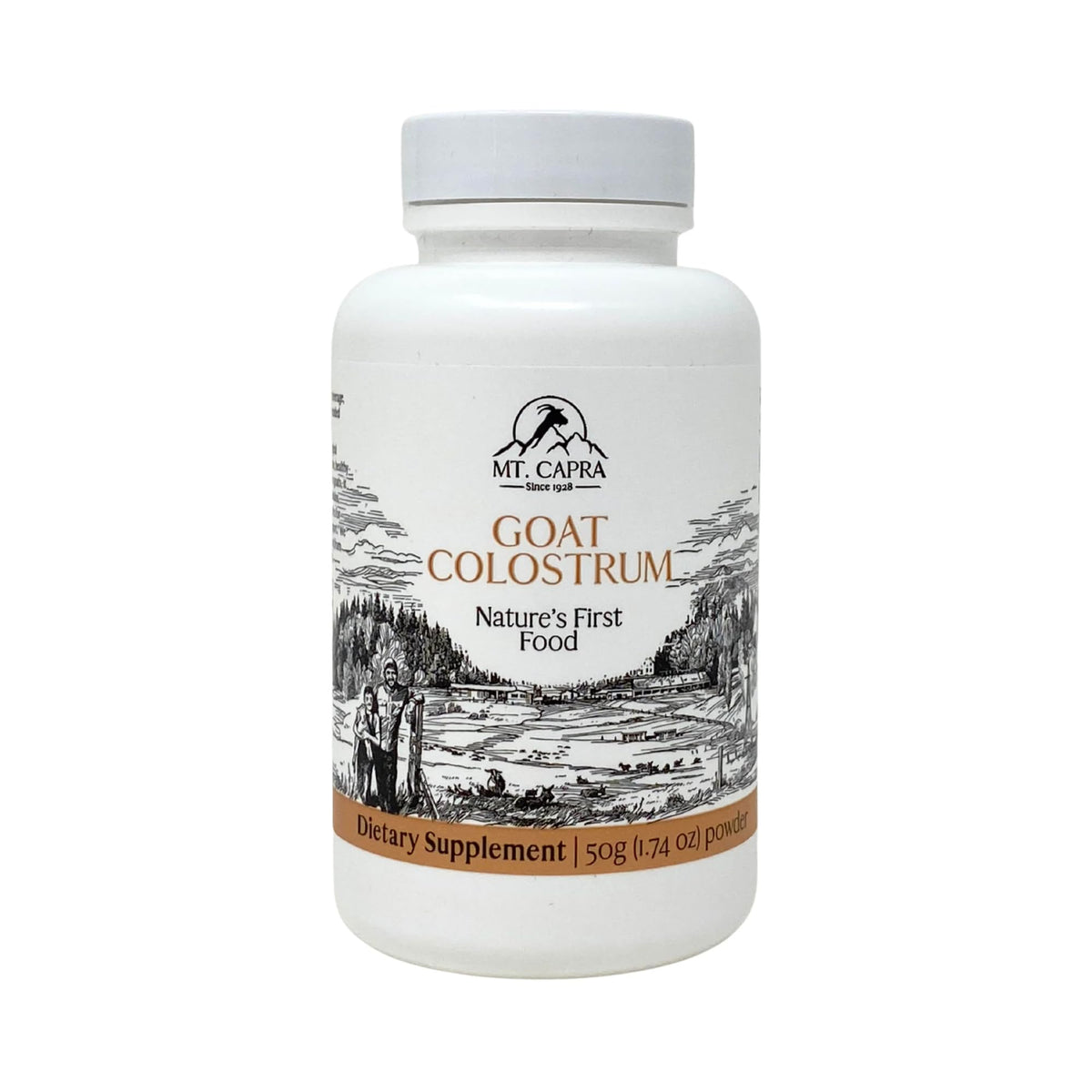 Mt Capra Goat Colostrum bottle shows a clean grass-fed formula for daily immune support.