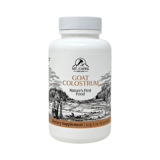 Mt Capra Goat Colostrum bottle shows a clean grass-fed formula for daily immune support.