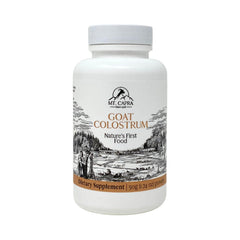 Mt Capra Goat Colostrum bottle shows a clean grass-fed formula for daily immune support.