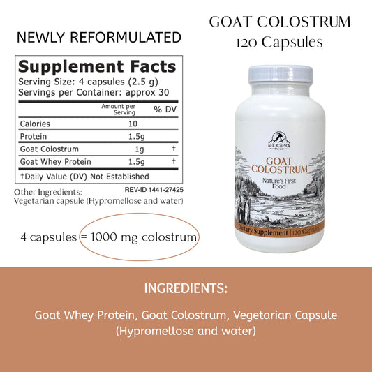 Mt Capra Goat Colostrum capsules label close-up highlighting grass-fed source