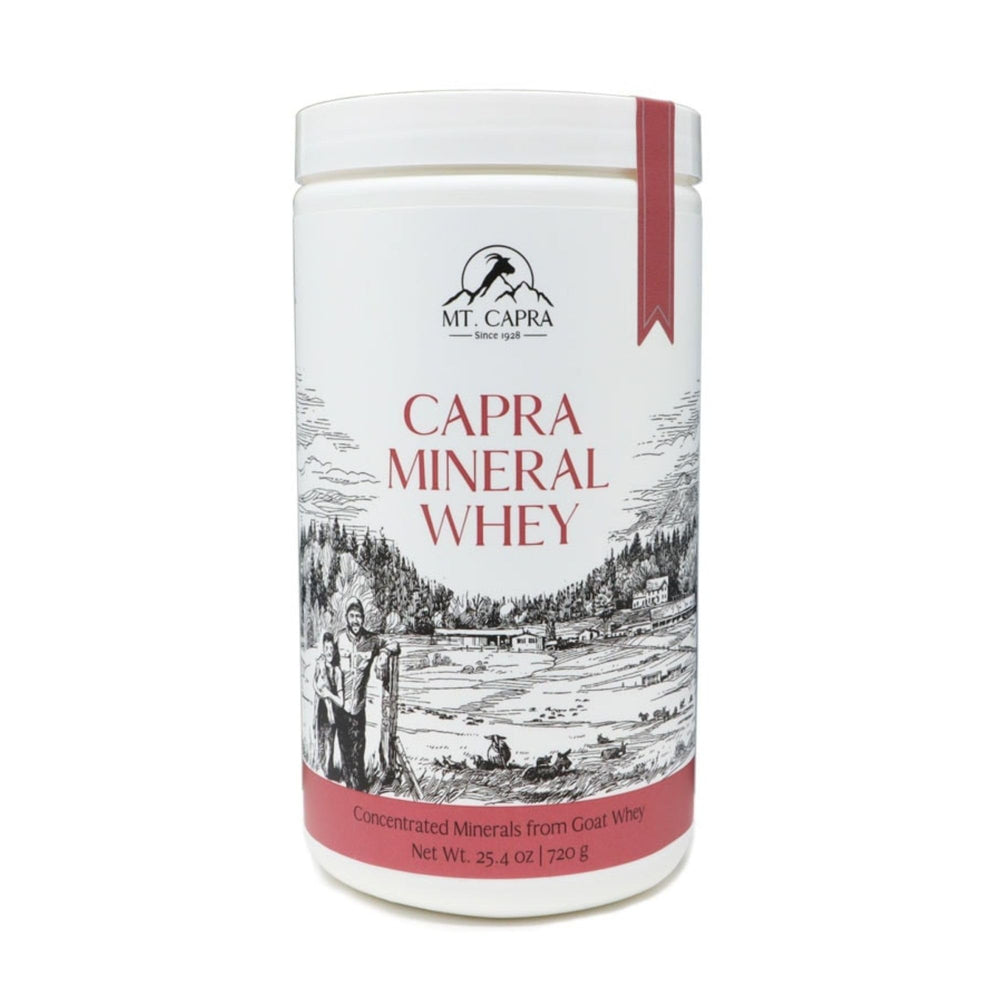 Mt Capra Mineral Whey bottle back view highlighting easy digestion and mineral bio-availability.