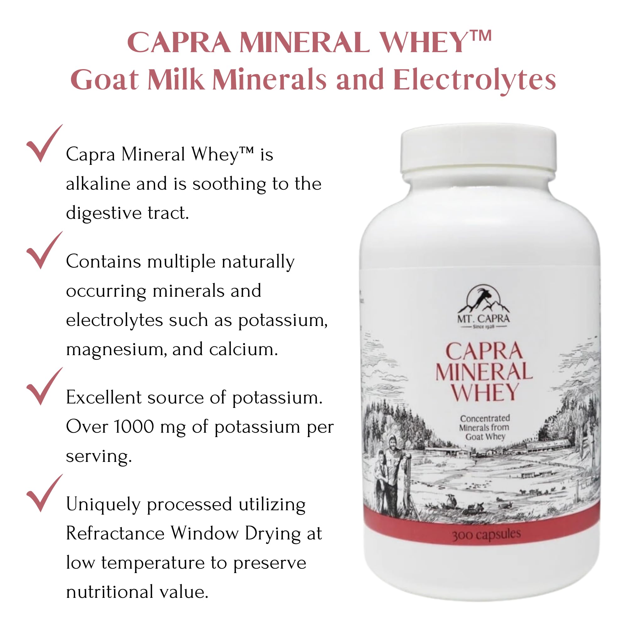 Close-up of Mt. Capra Mineral Whey label showing clean, GMO-free formulation.
