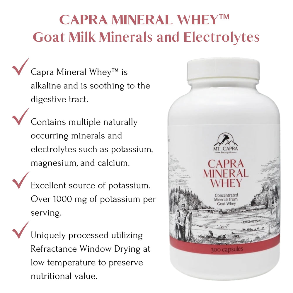 Close-up of Mt. Capra Mineral Whey label showing clean, GMO-free formulation.