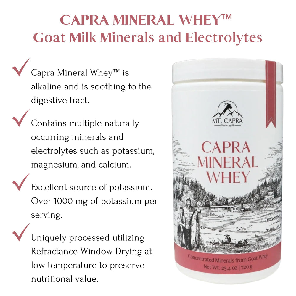 Measuring scoop with Mt Capra Mineral Whey for convenient daily mineral intake.