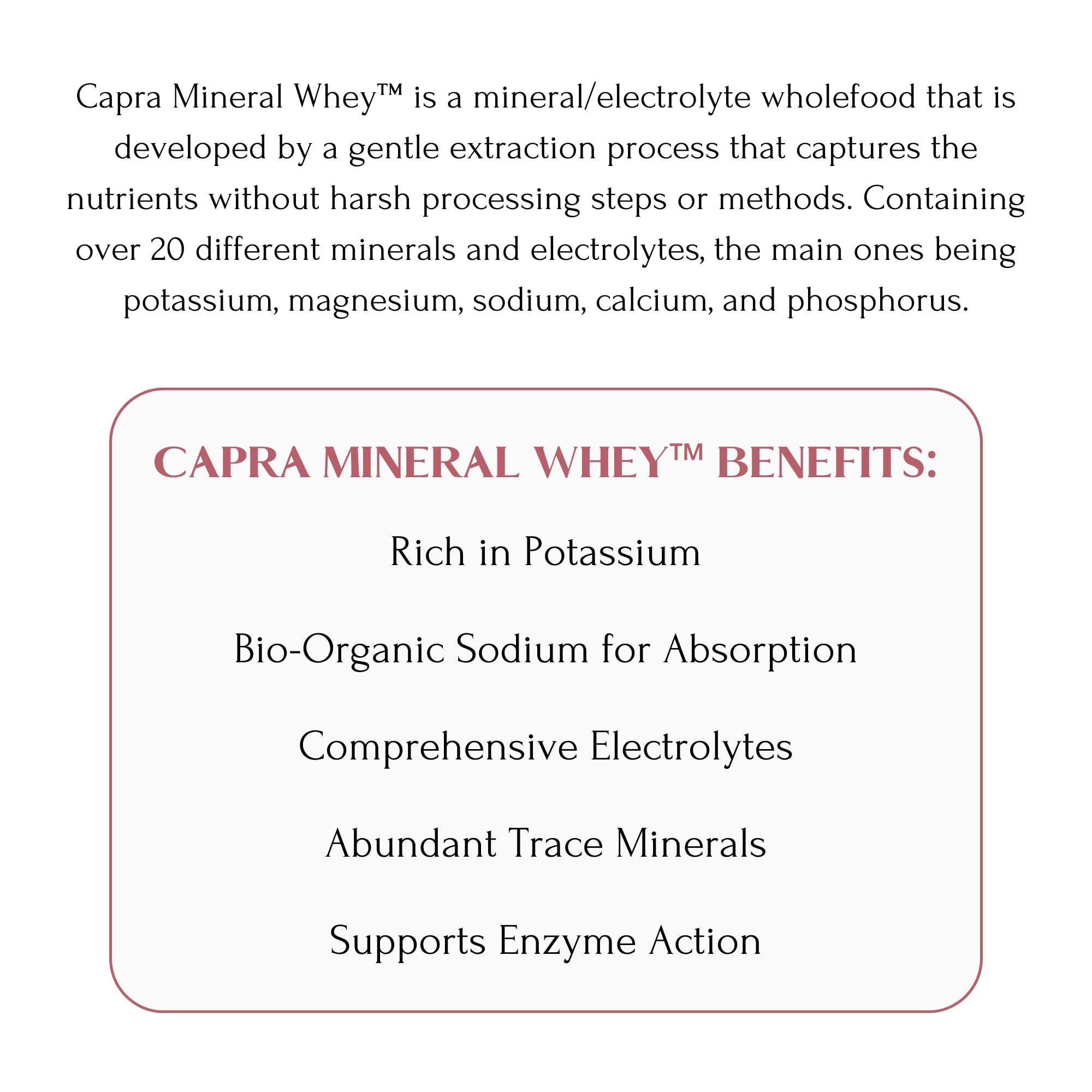 Mt Capra Mineral Whey label shows potassium-rich electrolyte blend detail.