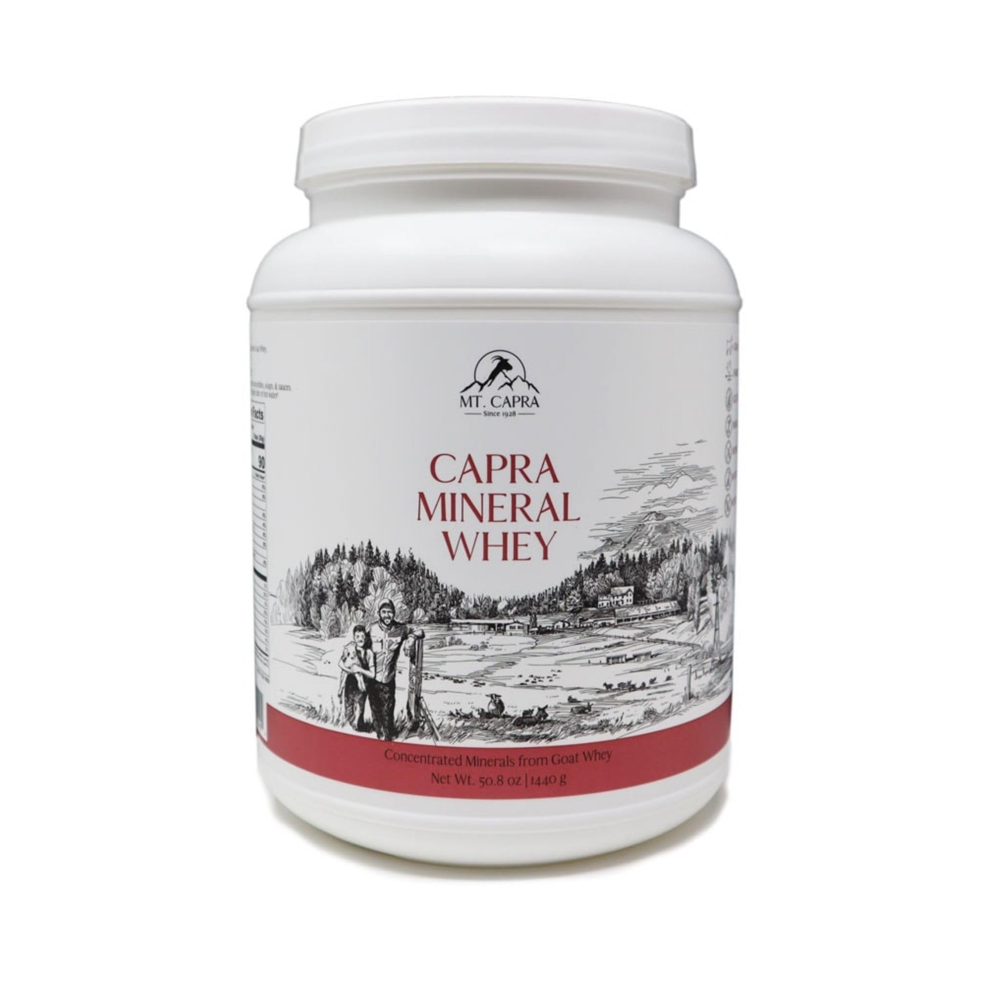 Mt Capra Mineral Whey tin label close-up highlighting clean ingredients and bio-available minerals.