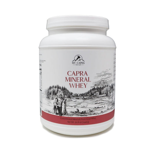 Mt Capra Mineral Whey tin label close-up highlighting clean ingredients and bio-available minerals.