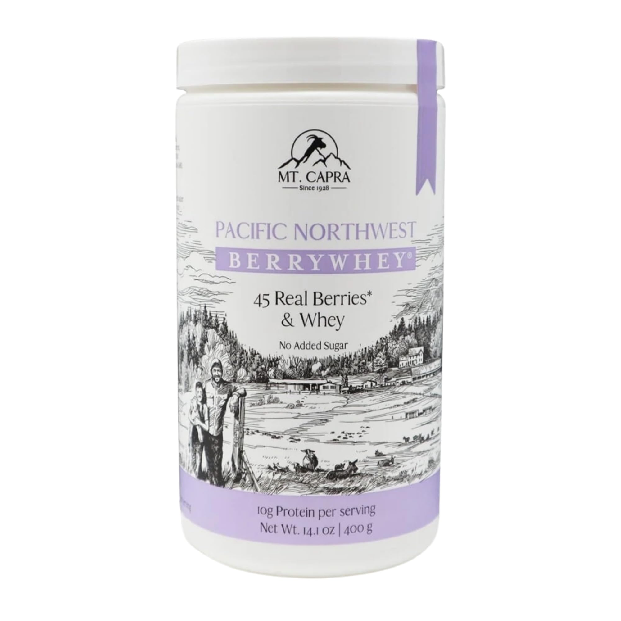 Mt. Capra BerryWhey bottle with berry flavor for a convenient high-protein meal.
