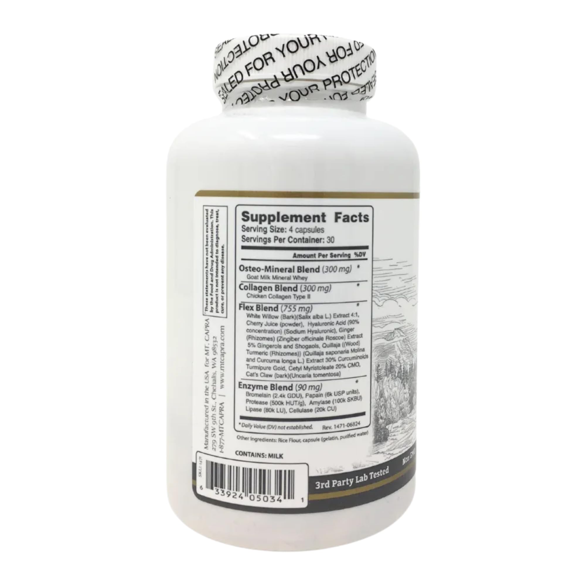 CapraFlex label close-up showing cetyl myristoleate and hyaluronic acid ingredients