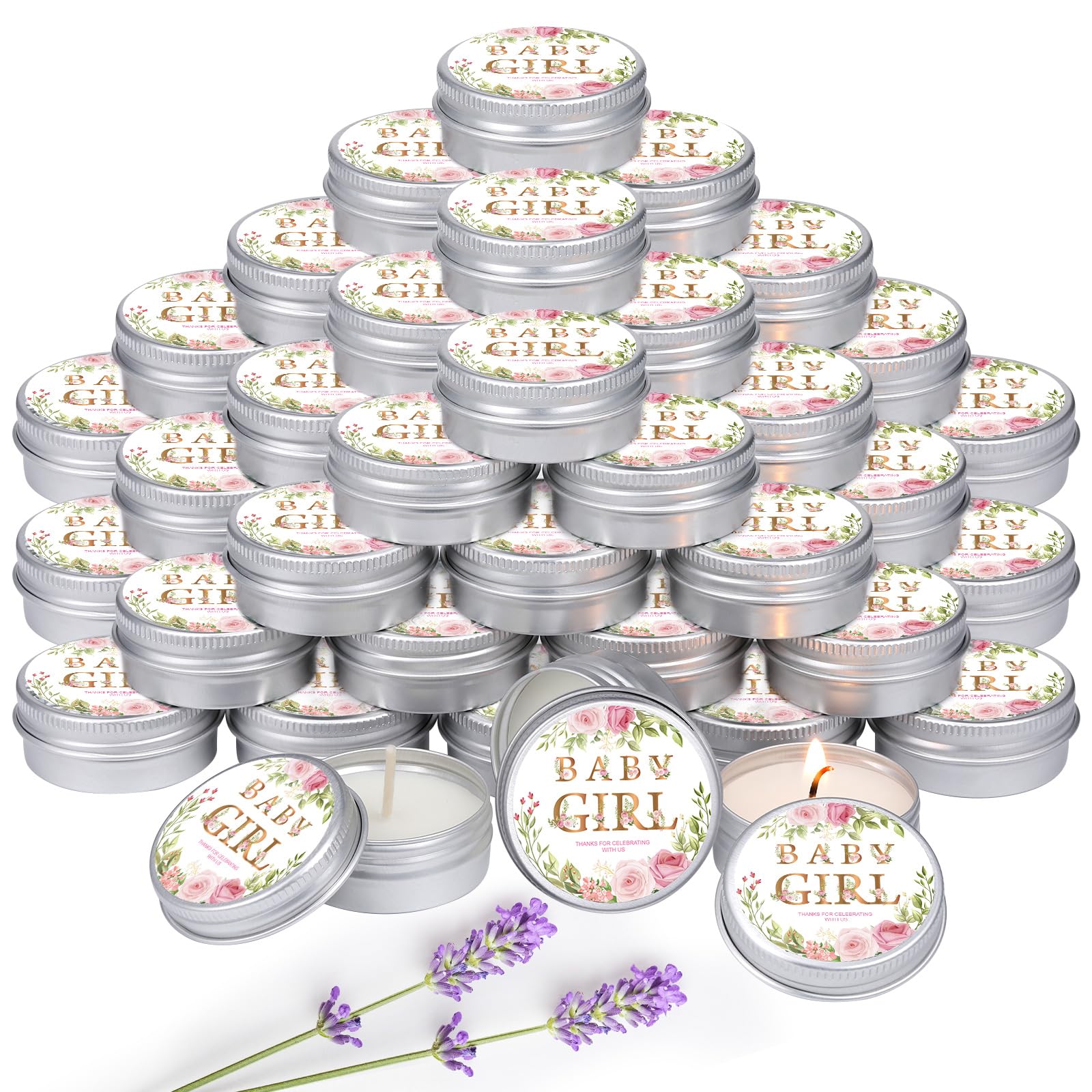 MTLEE baby girl shower candle in a 50-pack tin ideal for elegant event favors.