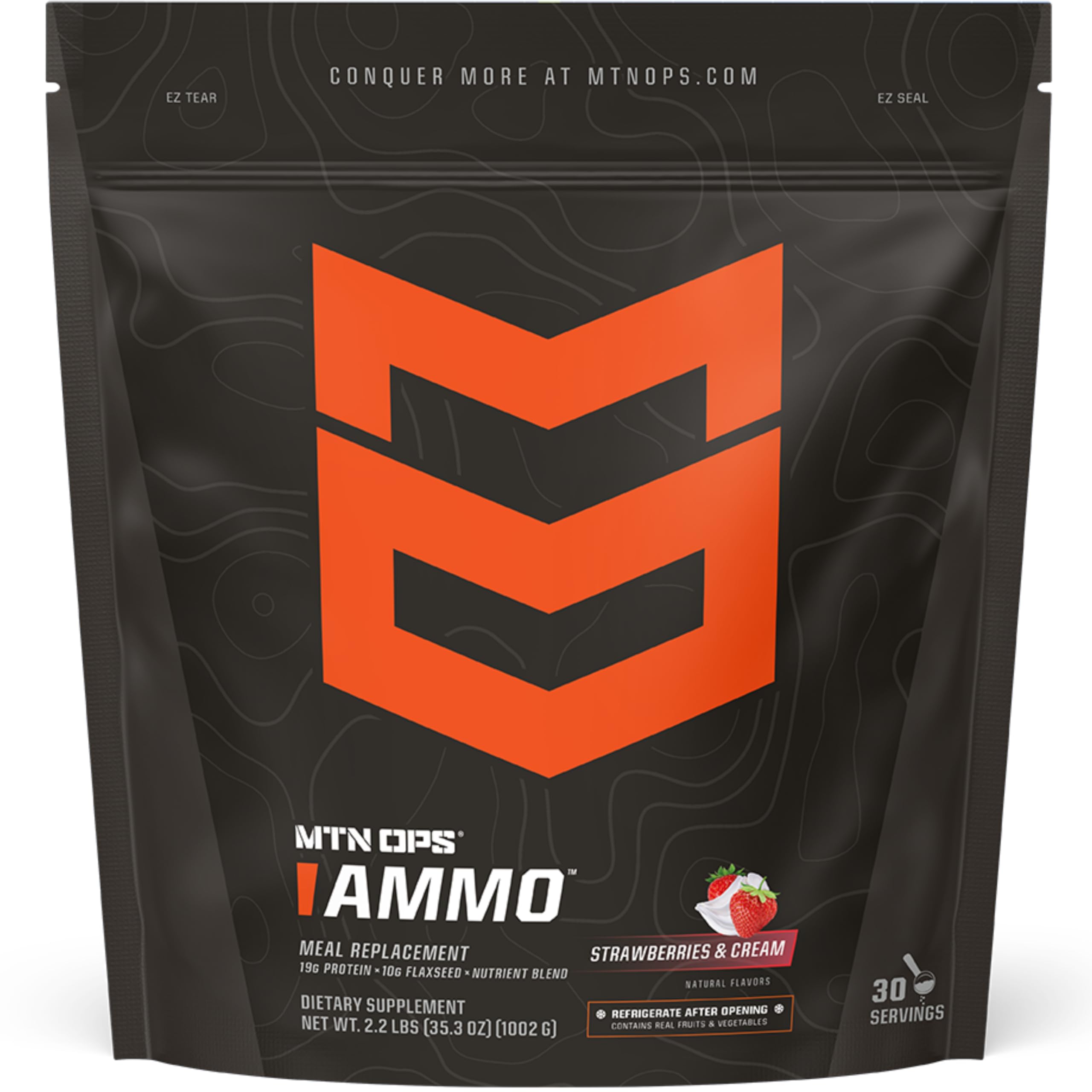 MTN OPS Ammo shake with strawberries and cream in a glass, quick meal replacement.