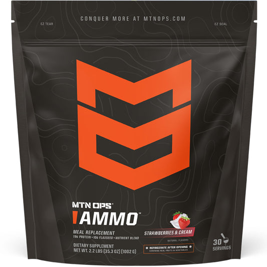 MTN OPS Ammo shake with strawberries and cream in a glass, quick meal replacement.
