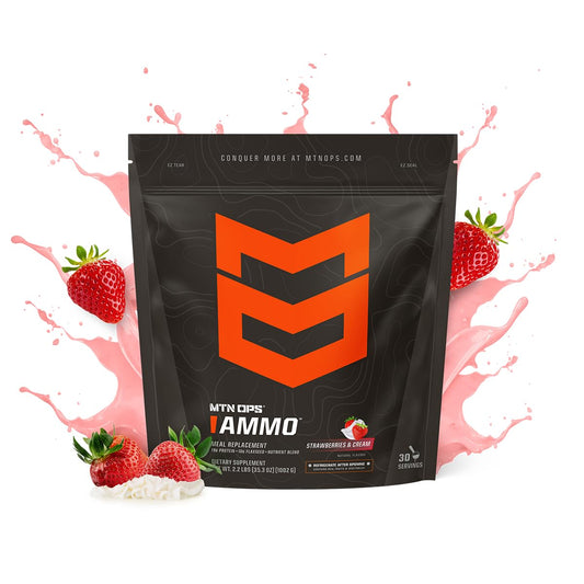 MTN OPS Ammo shake with real fruits visible, ideal for on-the-go fueling.