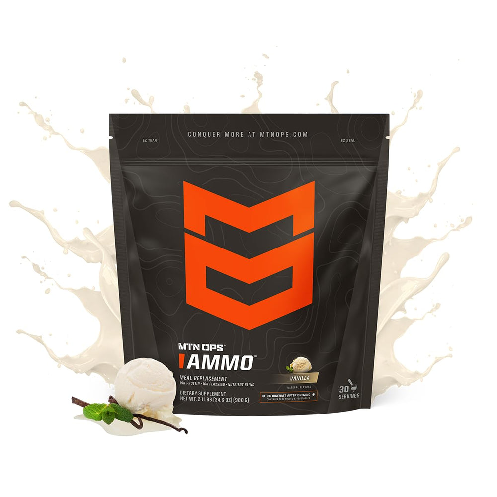 MTN OPS Ammo shake poured into glass showcasing vanilla flavor and on-the-go nutrition