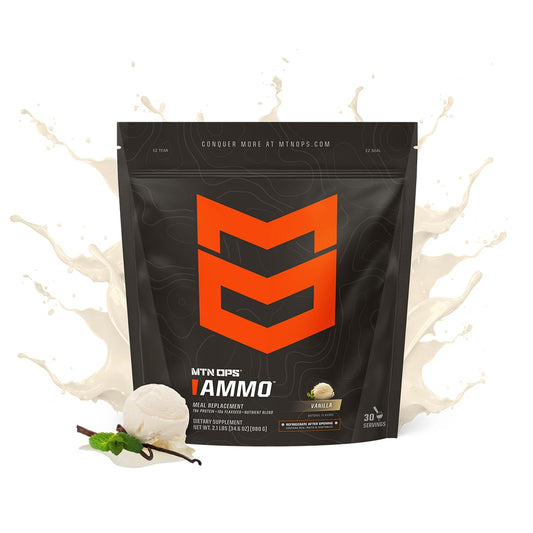MTN OPS Ammo shake poured into glass showcasing vanilla flavor and on-the-go nutrition