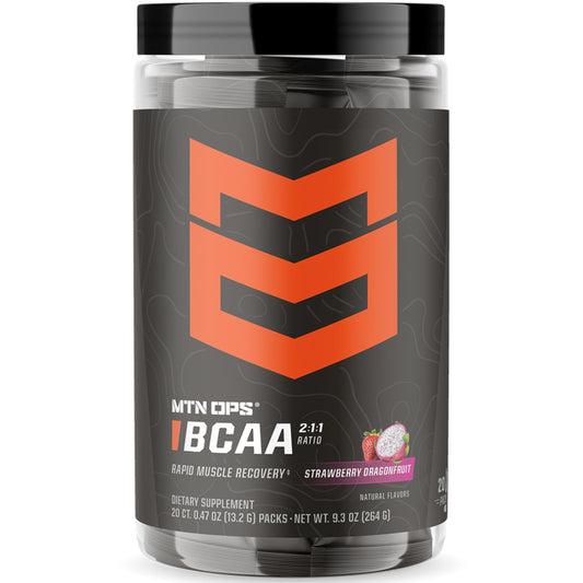 MTN OPS BCAA powder bottle ready for pre-workout hydration