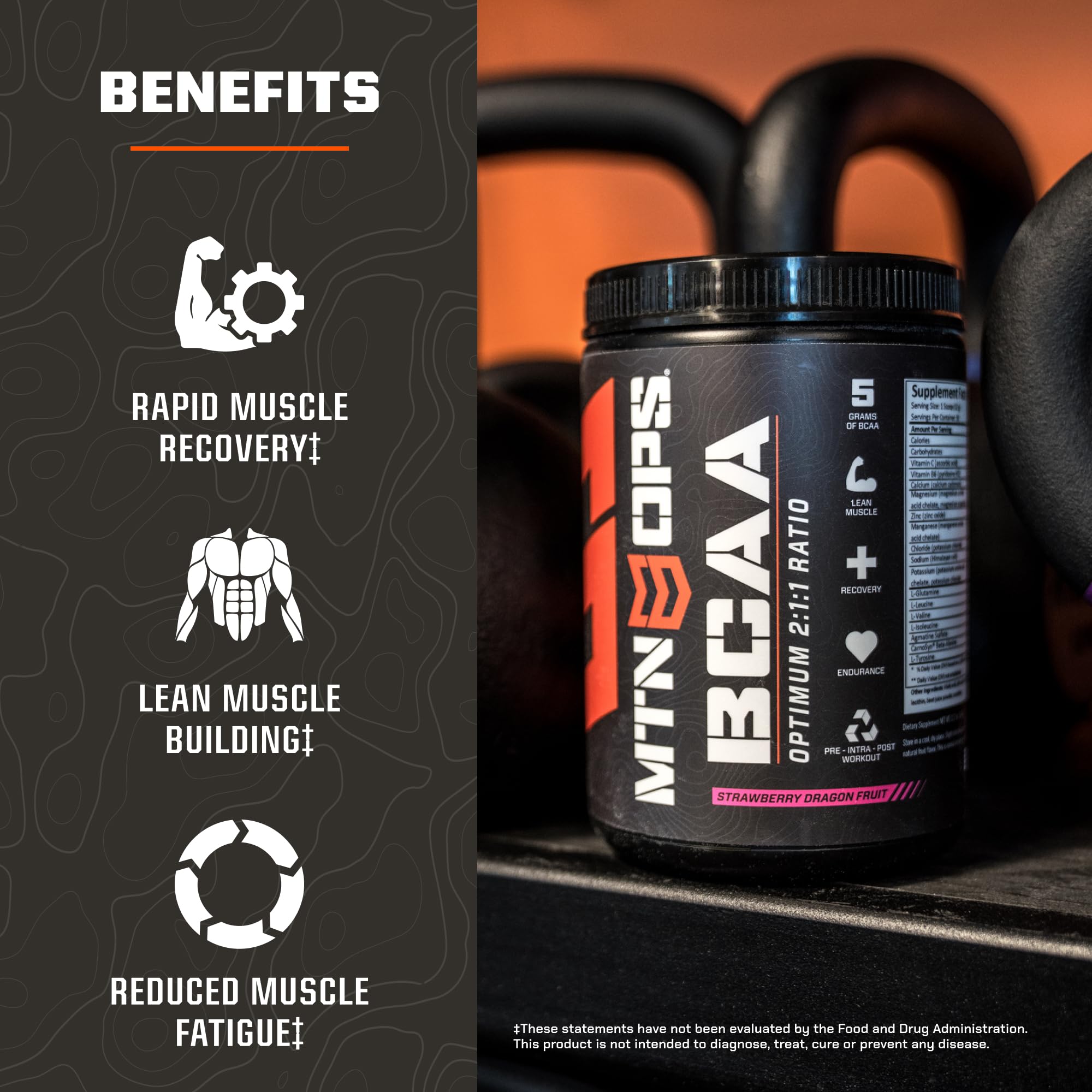Close-up of MTN OPS BCAA label showing zero sugar and gluten-free