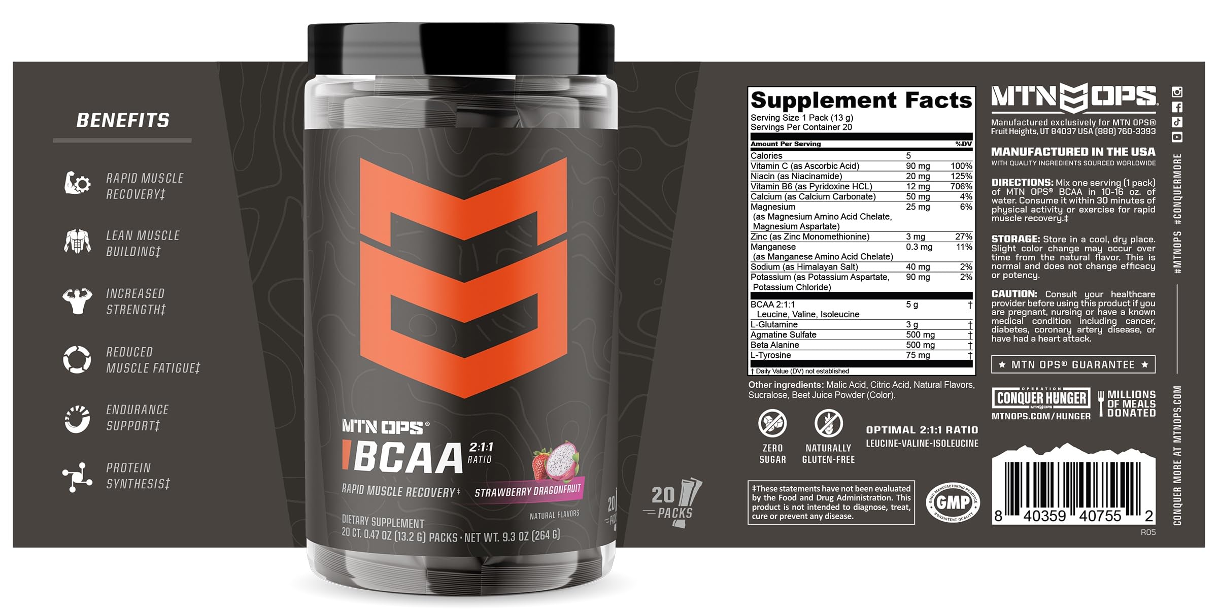 MTN OPS BCAA made in USA packaging on display