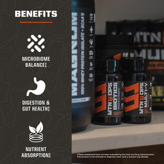 MTN OPS Biotics bottle label close-up showcasing USA-made quality and natural ingredients