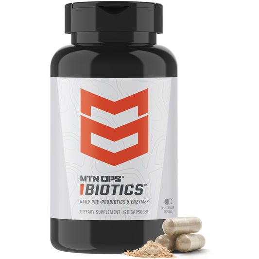MTN OPS Biotics daily probiotic bottle with capsules for gut support