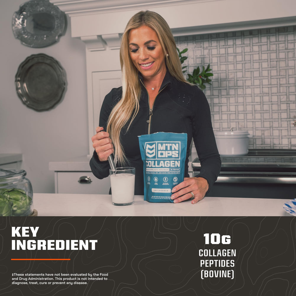 MTN OPS collagen packs lined up in a travel-friendly 30-pack box.