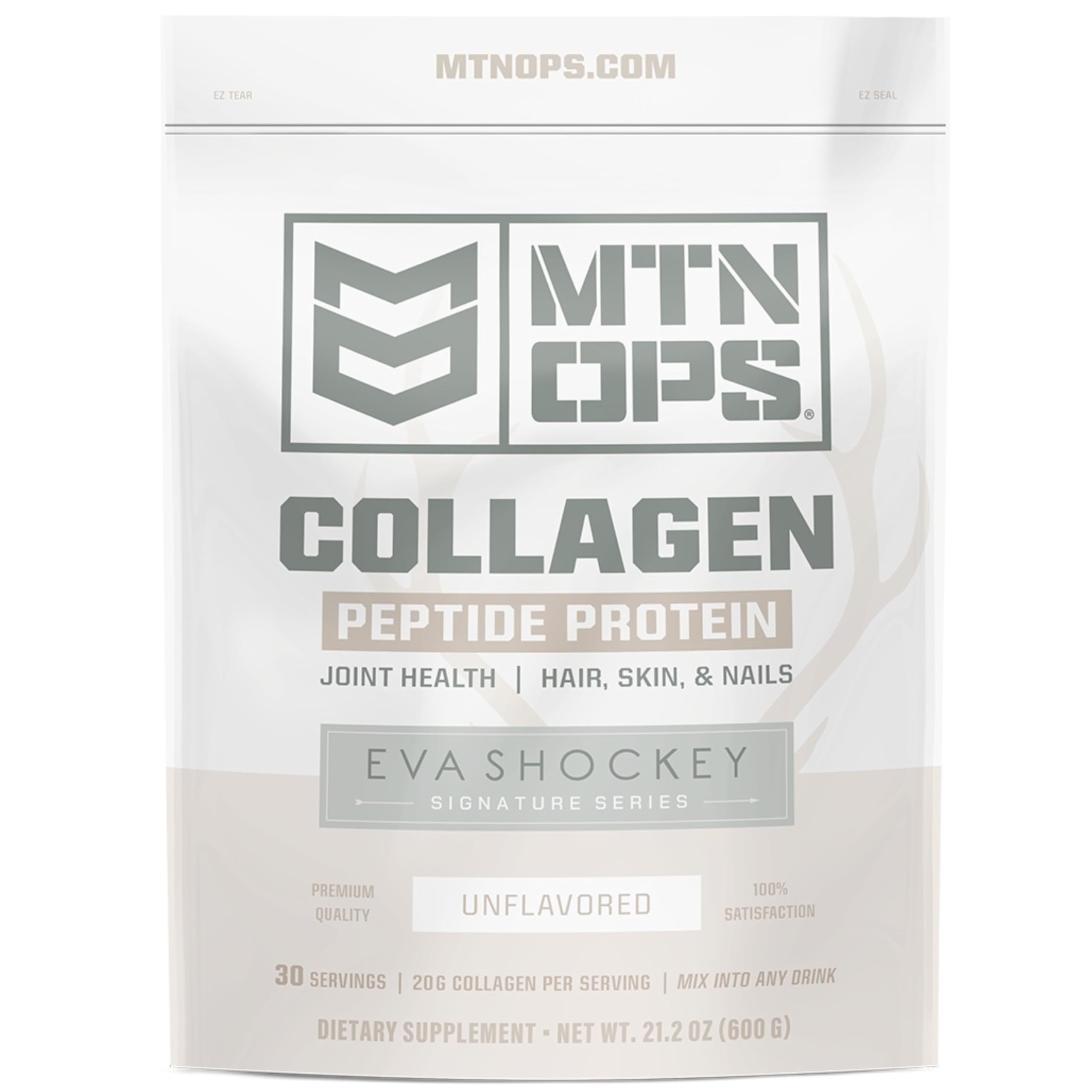 MTN OPS Collagen Peptide Powder front label showing 20g protein per serving for daily support.